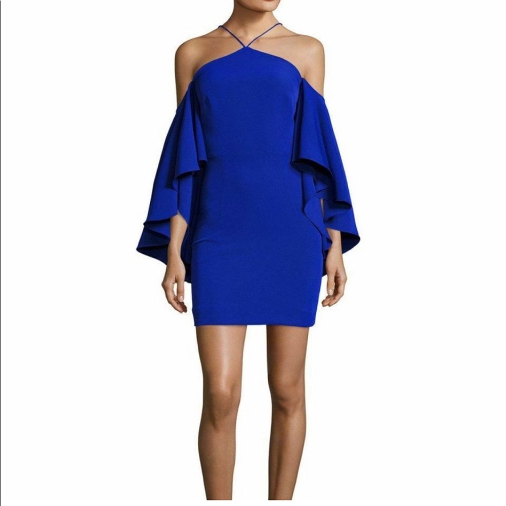 Cobalt Blue Mills Dress with halter neck detail and bell sleeves.